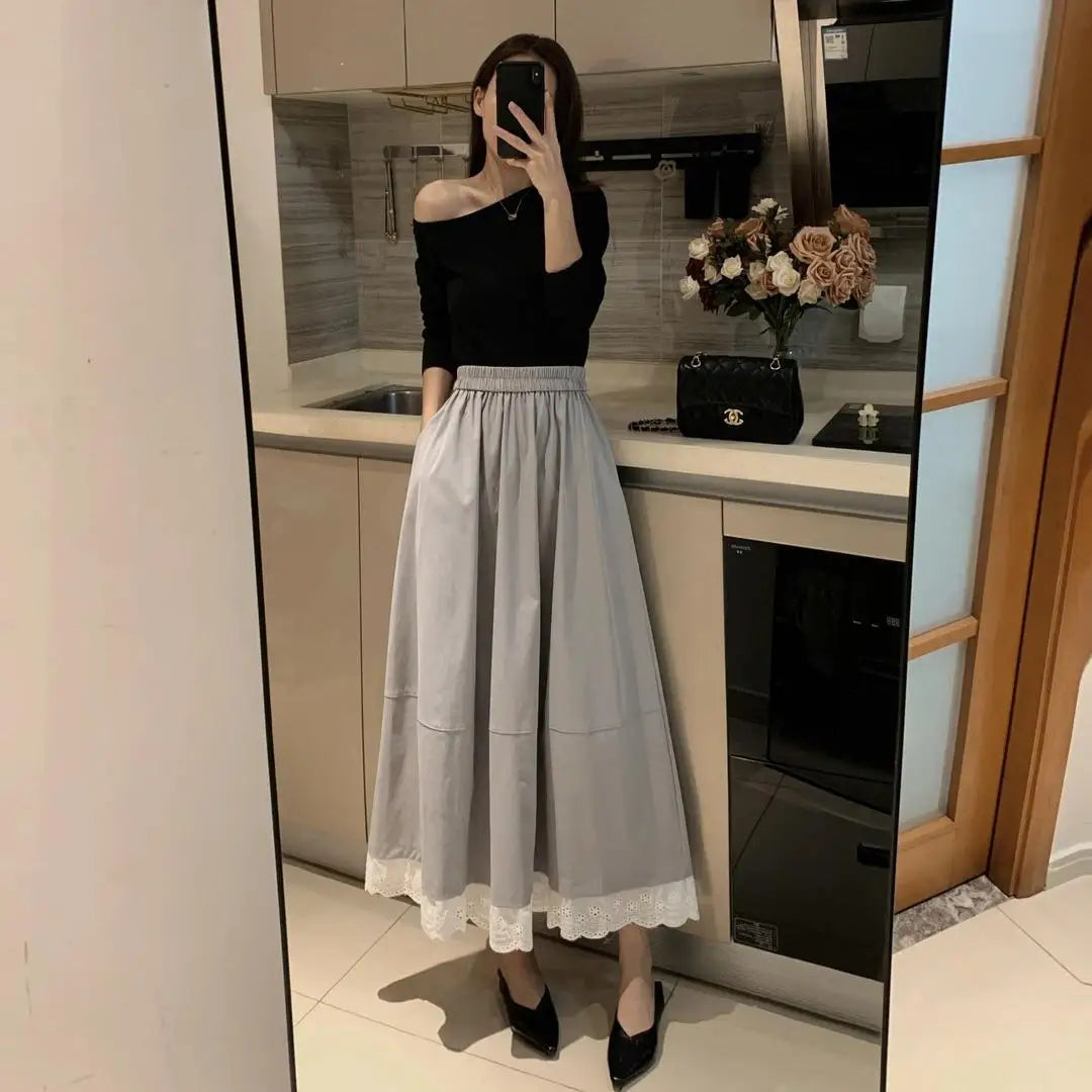 Spring Summer French Fashion Patchwork Lace Elegant Versatile Long Skirt Women Vintage High Waisted Vacation Pleated Half Skirts
