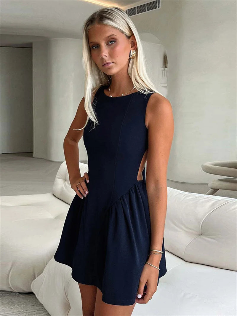 Backless Lace-up Sexy Mini Dress Women Robe Fashion O Neck Sleeveless High Waist A-line Club Party Dress Elegant