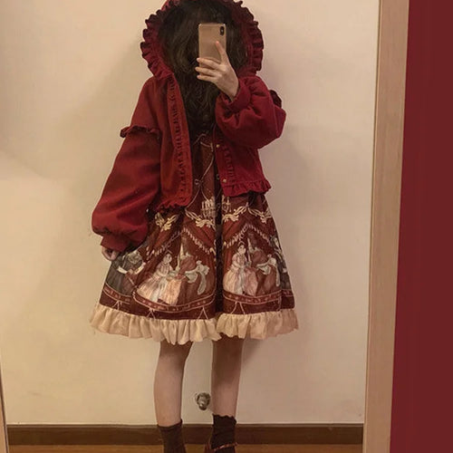 Load image into Gallery viewer, Lolita Cute Jacket Women Japanese Sweet Ruffles Kawaii Coat Tops Thicked Warm Cropped Hooded  2025 Chaqueta Mujer
