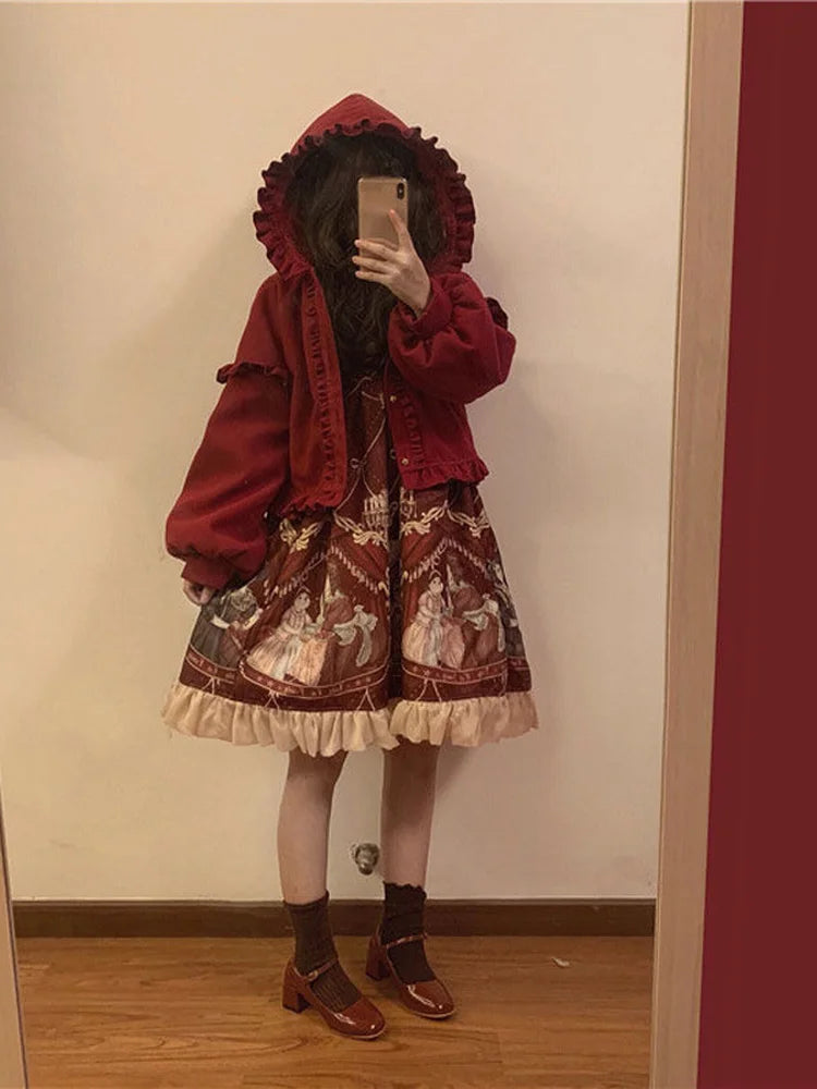 Lolita Cute Jacket Women Japanese Sweet Ruffles Kawaii Coat Tops Thicked Warm Cropped Hooded  2025 Chaqueta Mujer