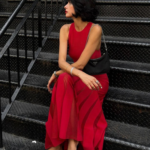 Load image into Gallery viewer, Red Sleeveless Knit Dress For Women Fashion Hollow Out O Neck Pleated Maxi Dress Ladies Solid Beach Party Long Dress
