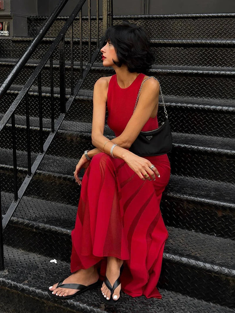 Red Sleeveless Knit Dress For Women Fashion Hollow Out O Neck Pleated Maxi Dress Ladies Solid Beach Party Long Dress