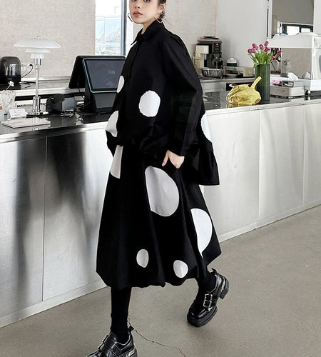 Black Dot Big Size Irregular Shirt Skirt Two Pieces Suit New Lapel Long Sleeve Women Fashion Spring Autumn 2025 1DH9366
