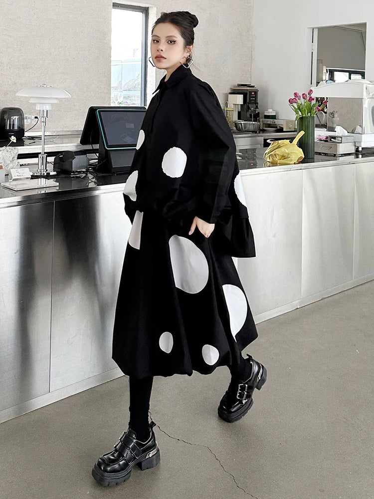 Black Dot Big Size Irregular Shirt Skirt Two Pieces Suit New Lapel Long Sleeve Women Fashion Spring Autumn 2025 1DH9366