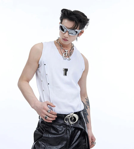 High Street Men's Vest Metal Pleated Design Round Neck Sleeveless Casual Male Tank Tops Stylish Summer 9C6750