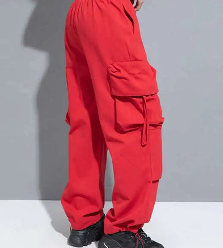 High Elastic Waist Red Pocket Long Cargo Pants New Loose Fit Trousers Women Fashion Tide Spring Autumn 2025 1DH0997