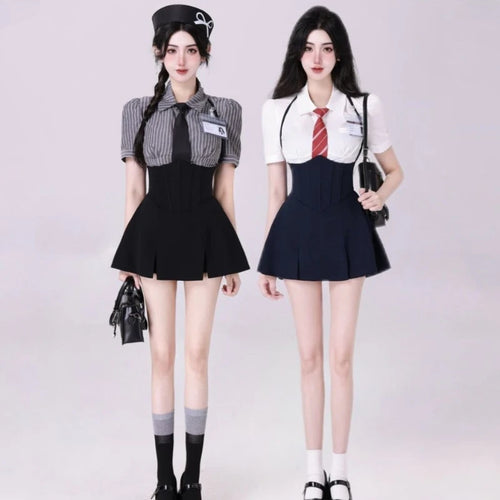 Load image into Gallery viewer, Preppy Style Two Pieces Set Women Patchwork Sailor Collar Grunge T-shirt + Y2k Aesthetic Mini Pleated Skirts Harajuku Outfits
