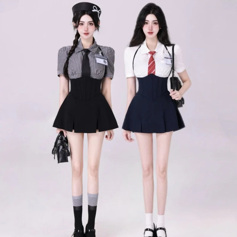 Preppy Style Two Pieces Set Women Patchwork Sailor Collar Grunge T-shirt + Y2k Aesthetic Mini Pleated Skirts Harajuku Outfits