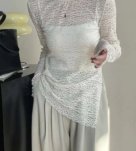 Women White Lace Perspective Side Slit Elegant T-shirt New Round Neck Long Sleeve Fashion Spring Autumn 2025 1DH9845
