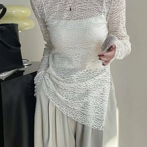 Load image into Gallery viewer, Women White Lace Perspective Side Slit Elegant T-shirt New Round Neck Long Sleeve Fashion Spring Autumn 2025 1DH9845

