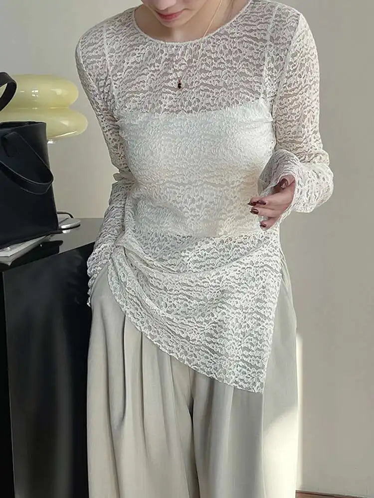 Women White Lace Perspective Side Slit Elegant T-shirt New Round Neck Long Sleeve Fashion Spring Autumn 2025 1DH9845