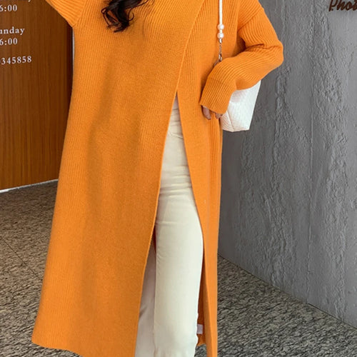 Load image into Gallery viewer, Women Orange Knitting Long Slit Big Size Dress New Turtleneck Long Sleeve Loose Fit Fashion Spring Autumn 2025 1DE5886
