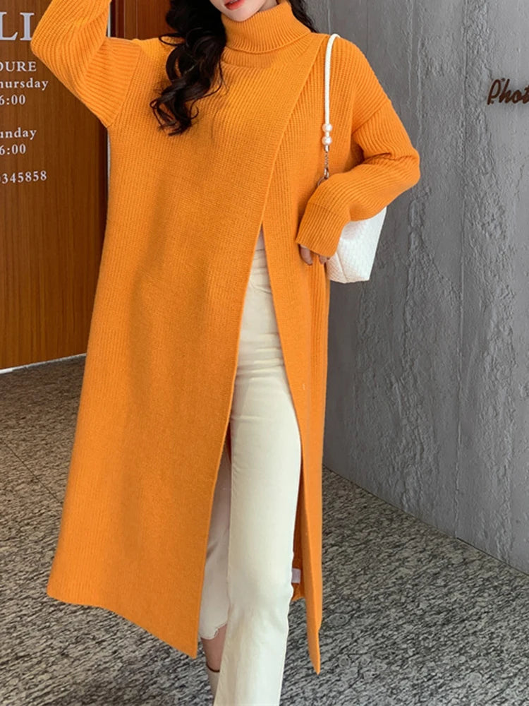 Women Orange Knitting Long Slit Big Size Dress New Turtleneck Long Sleeve Loose Fit Fashion Spring Autumn 2025 1DE5886