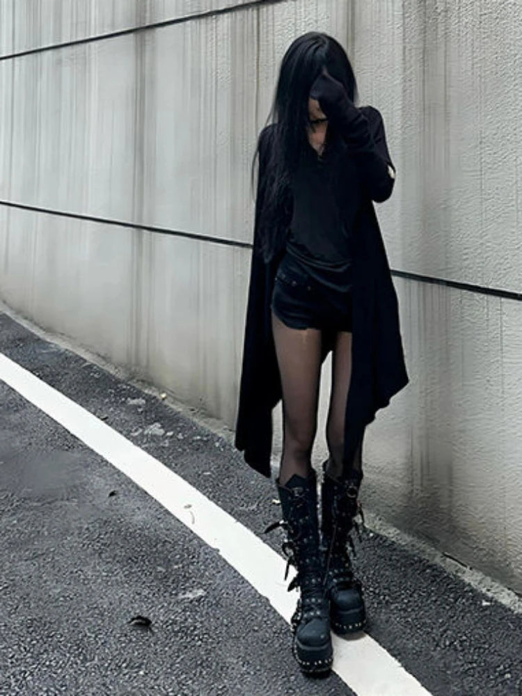 Harajuku Women Black Punk Jackets Gothic Vintage Y2k Aesthetic Loose Crucifix Printing Jacket Streetwear Grunge Irregular Tops