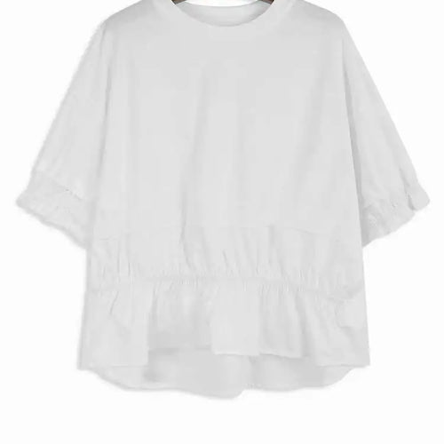 Load image into Gallery viewer, Women Green Ruffles Irregular Big Size Casual T-shirt New Round Neck Short Sleeve Fashion Tide Spring Summer 2025 1DJ0078
