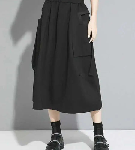 Hight Elastic Waist Black Pockets Ribbon Long Casual Half-body Skirt Women Fashion Tide New Spring Autumn 2025 1DF5316