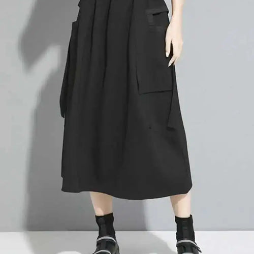 Load image into Gallery viewer, Hight Elastic Waist Black Pockets Ribbon Long Casual Half-body Skirt Women Fashion Tide New Spring Autumn 2025 1DF5316
