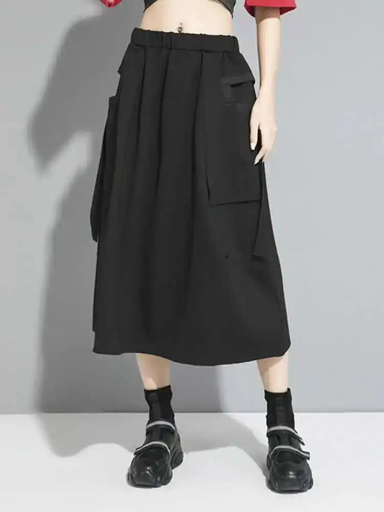 Hight Elastic Waist Black Pockets Ribbon Long Casual Half-body Skirt Women Fashion Tide New Spring Autumn 2025 1DF5316