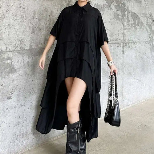 Load image into Gallery viewer, Women Black Layers Back Long Big Size Long Shirt Dress New Lapel Short Sleeve Fashion Tide Spring Summer 2025 1DH6073
