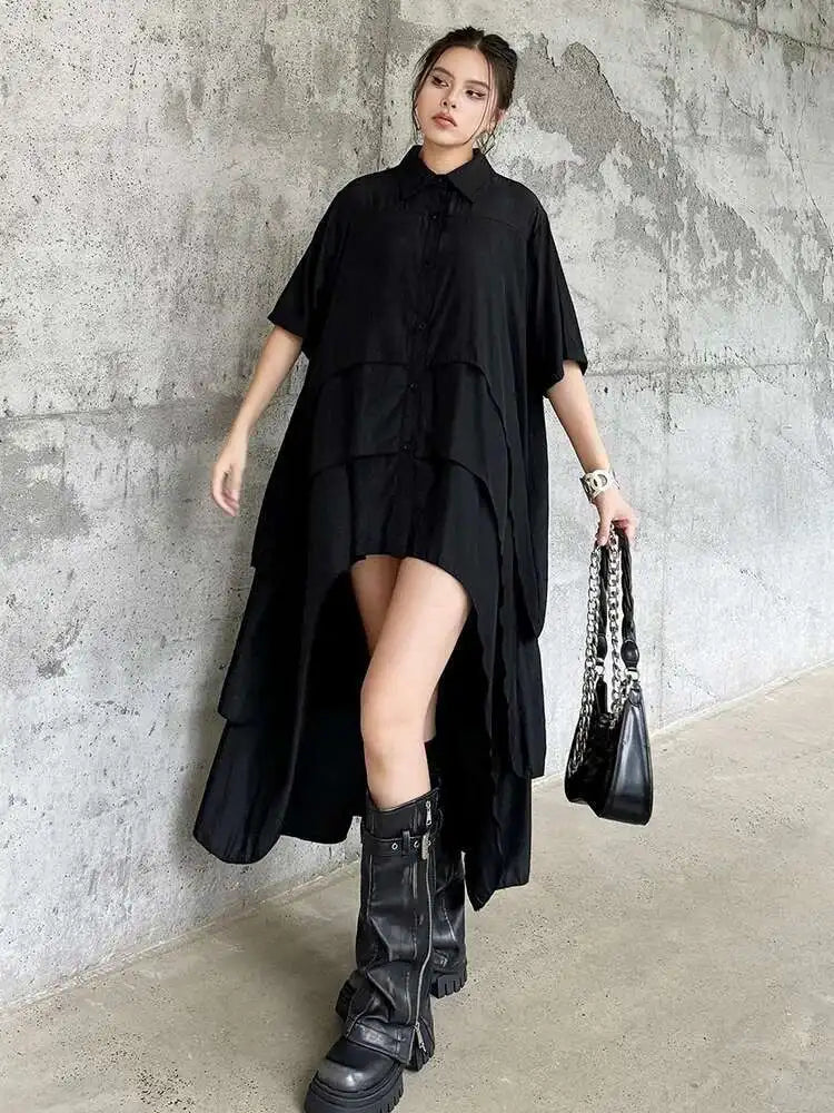 Women Black Layers Back Long Big Size Long Shirt Dress New Lapel Short Sleeve Fashion Tide Spring Summer 2025 1DH6073