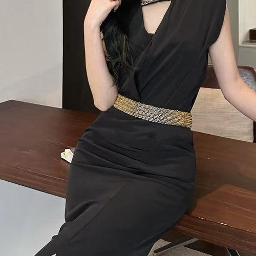Load image into Gallery viewer, Solid Temperament Two Piece Set For Women V Neck Sleeveless Top High Waist Slimming Skirt Elegant Sets Female New
