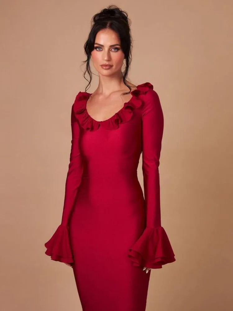 Sexy Round Neck Bodcon Elastic Tight Dress Female Leader Slim Fit Long Sleeve Maxi Vestidos Elegant Party Evening Dress