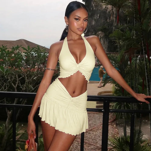 Load image into Gallery viewer, Ruffle Sexy Skirt Two Piece Sets Women Halter Lace-up Crop Top And Mini Skirt Female Beach Club Party 2 Piece Set
