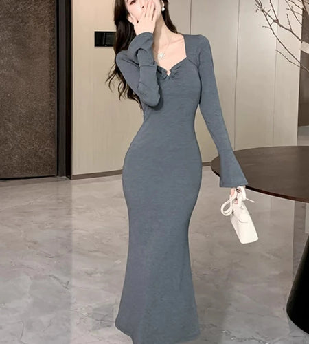 Autumn Winter 2024 Korean Black Square Neck Long Sleeved Dress Women Retro Grey Elegant Office Slim Wrap Hip Fishtail Dress Chic
