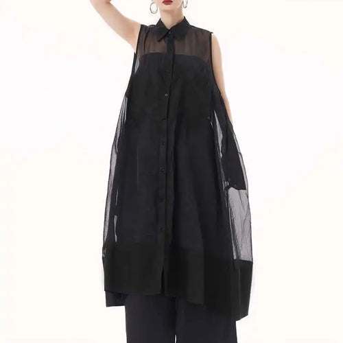 Load image into Gallery viewer, Women Black Mesh Perspective Big Size Long Shirt Dress New Lapel Sleeveless Fashion Tide Spring Summer 2025 1DH9517
