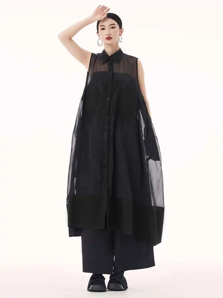Women Black Mesh Perspective Big Size Long Shirt Dress New Lapel Sleeveless Fashion Tide Spring Summer 2025 1DH9517