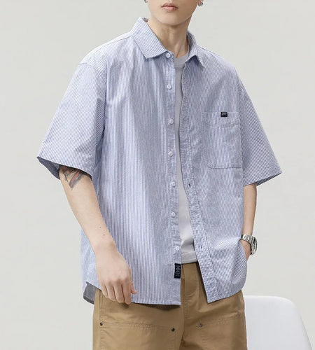 Men's Shirt Striped Turn-down Collar Thin Style Casual Lapel Shirts New Trendy Summer Japanese Style Male Top 9W1314