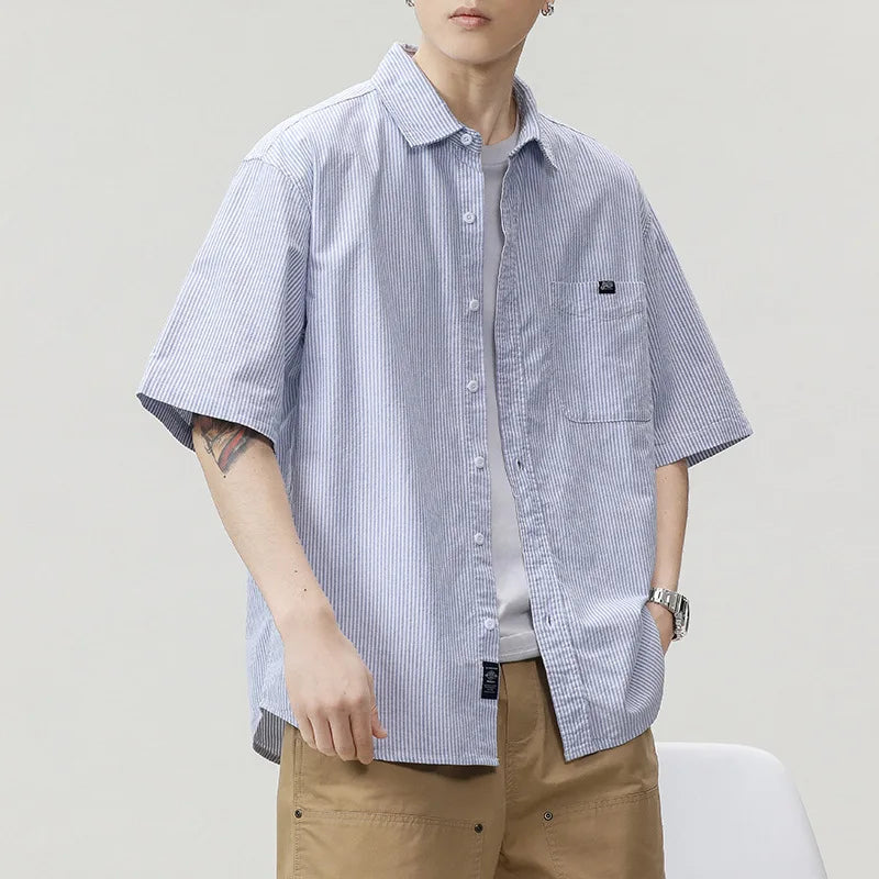 Men's Shirt Striped Turn-down Collar Thin Style Casual Lapel Shirts New Trendy Summer Japanese Style Male Top 9W1314