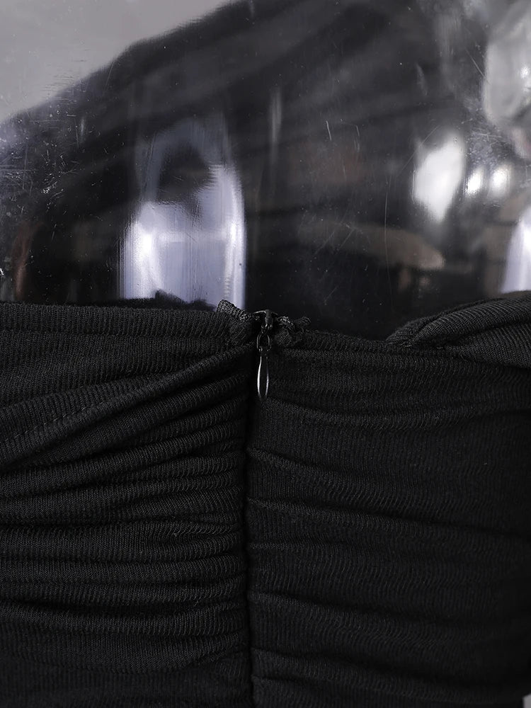 Women Black Pleated Elegant Slim Long Dress New Asymmetrical Collar Long Sleeve Fashion Tide Spring Autumn 2025 CPG2993