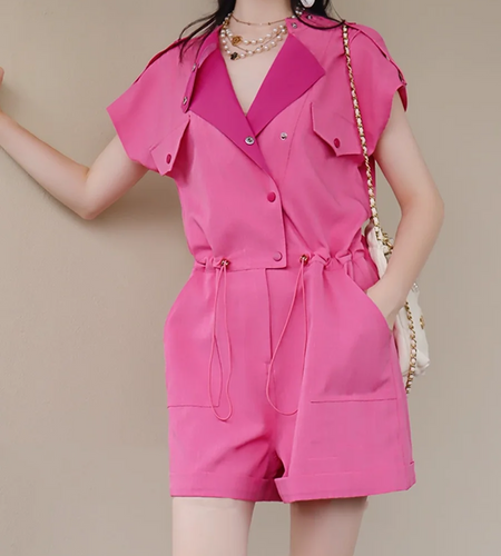 Slimming Spliced Anap Button Fashion Rompers for Women Round Neck Sleeveless Patchwork Drawstring Romper Female New