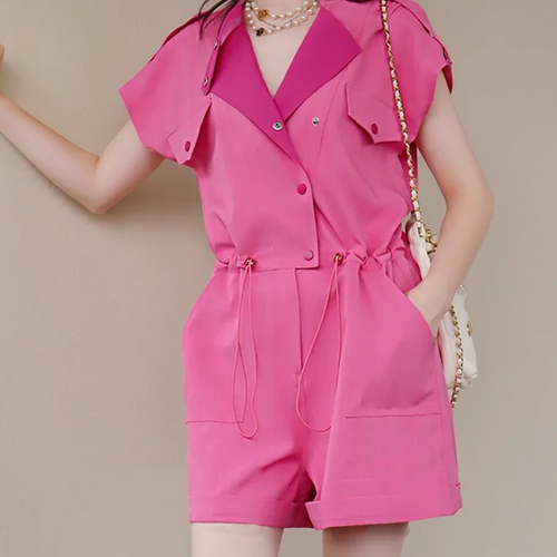 Load image into Gallery viewer, Slimming Spliced Anap Button Fashion Rompers for Women Round Neck Sleeveless Patchwork Drawstring Romper Female New
