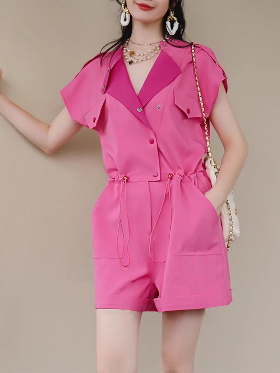 Slimming Spliced Anap Button Fashion Rompers for Women Round Neck Sleeveless Patchwork Drawstring Romper Female New