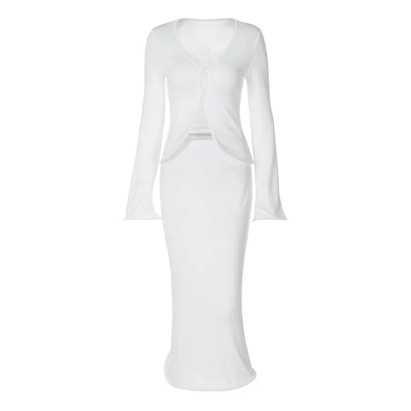 Elegant Sexy Skirt Two Piece Sets Women Autumn New V Neck Long Sleeve T-shirt And Long Skirt Matching Two Piece Sets