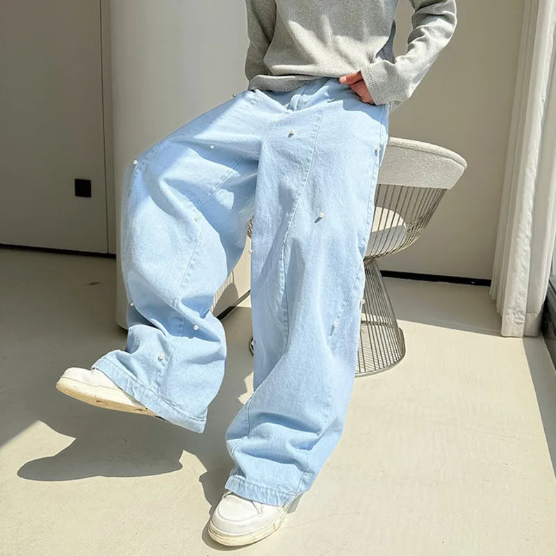 Korean Style Machete Jeans New Men Pearl Decoration Men's Wide Leg Denim Pants Fashion Trend Ligh-blue Summer 9C5845