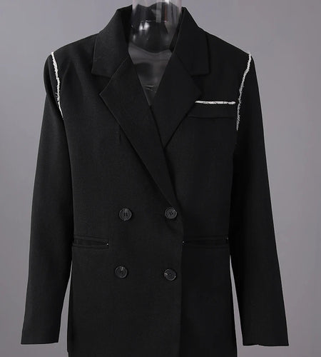 Women Black Color-block Burr Big Size Elegant Blazer New Lapel Long Sleeve Jacket Fashion Tide Spring Autumn 2025 1DH9734