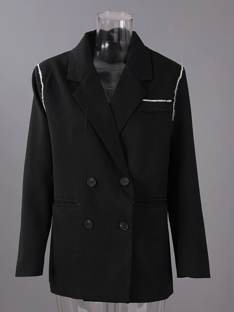 Women Black Color-block Burr Big Size Elegant Blazer New Lapel Long Sleeve Jacket Fashion Tide Spring Autumn 2025 1DH9734