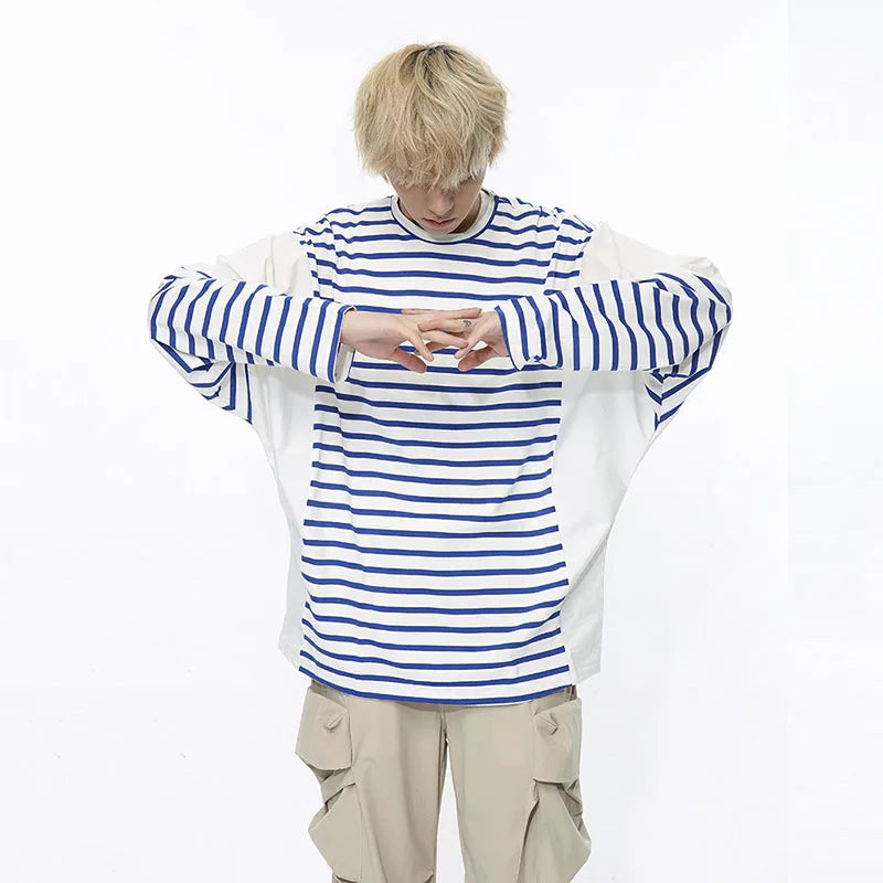 Long Sleeve Men's T-shirt Stripe Male Clothing Summer Autumn Pullover Korean Spliced Contrast Color Top 9C5179