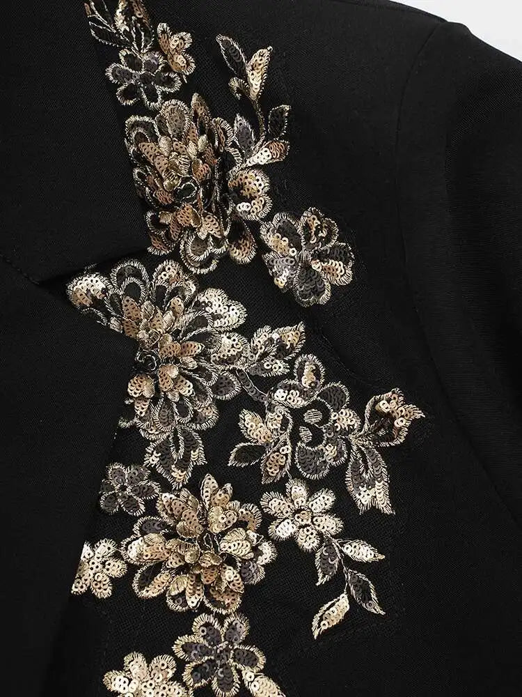 Women Black Sequins Flower Big Size Elegant Blazer New Lapel Long Sleeve Jacket Fashion Tide Spring Autumn 2025 CPG2430