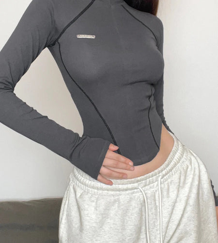 Harajuku Zipper Line Sporty Chic Fitness Women T-shirt Tee Turtleneck Slim Basic Casual Crop Top Long Sleeve Outfits