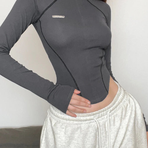 Load image into Gallery viewer, Harajuku Zipper Line Sporty Chic Fitness Women T-shirt Tee Turtleneck Slim Basic Casual Crop Top Long Sleeve Outfits
