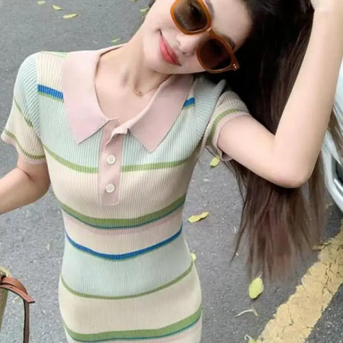 Load image into Gallery viewer, Korean Fashion Women New Beige Striped Single Breasted Knitted Mini Dress Spring Summer Short Sleeves Holiday Dress Casual Trend
