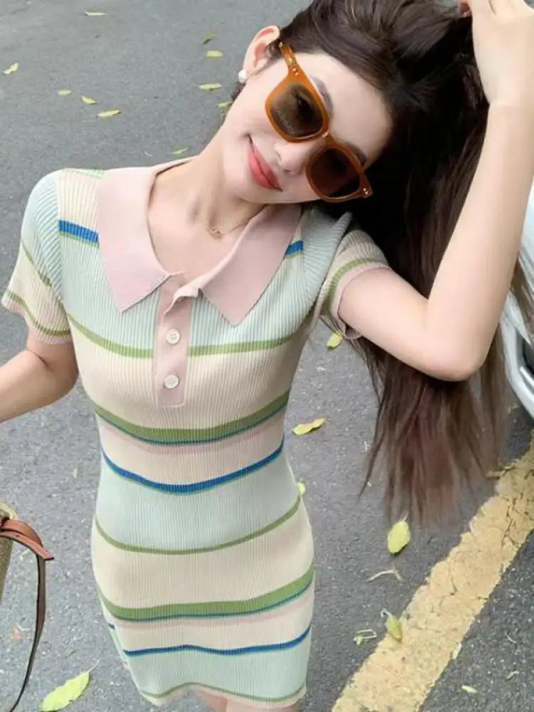 Korean Fashion Women New Beige Striped Single Breasted Knitted Mini Dress Spring Summer Short Sleeves Holiday Dress Casual Trend