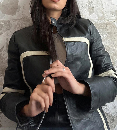 Chic Fashion Stripe Stitched PU Leather Jacket Female Streetwear Zip Up Coat Autumn Winter Moto Style Jackets Outfits