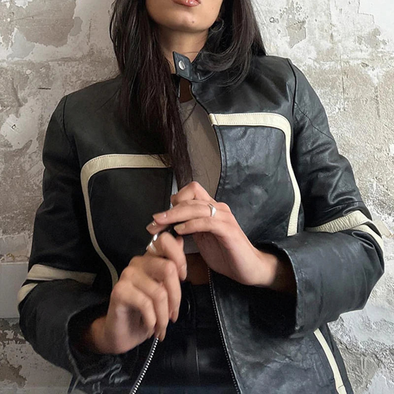Chic Fashion Stripe Stitched PU Leather Jacket Female Streetwear Zip Up Coat Autumn Winter Moto Style Jackets Outfits
