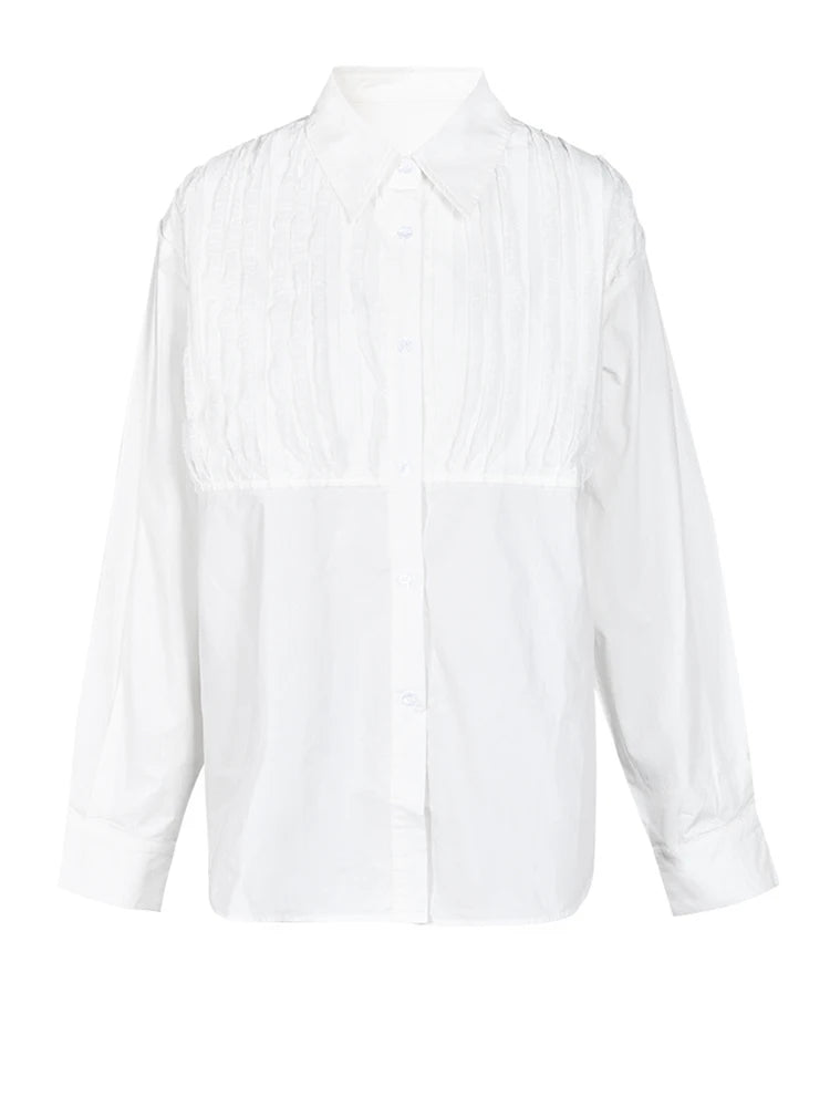 Women White Lace Pleated Big Size Blouse New Lapel Long Sleeve Loose Fit Shirt Fashion Spring Autumn 2025 1DF426001