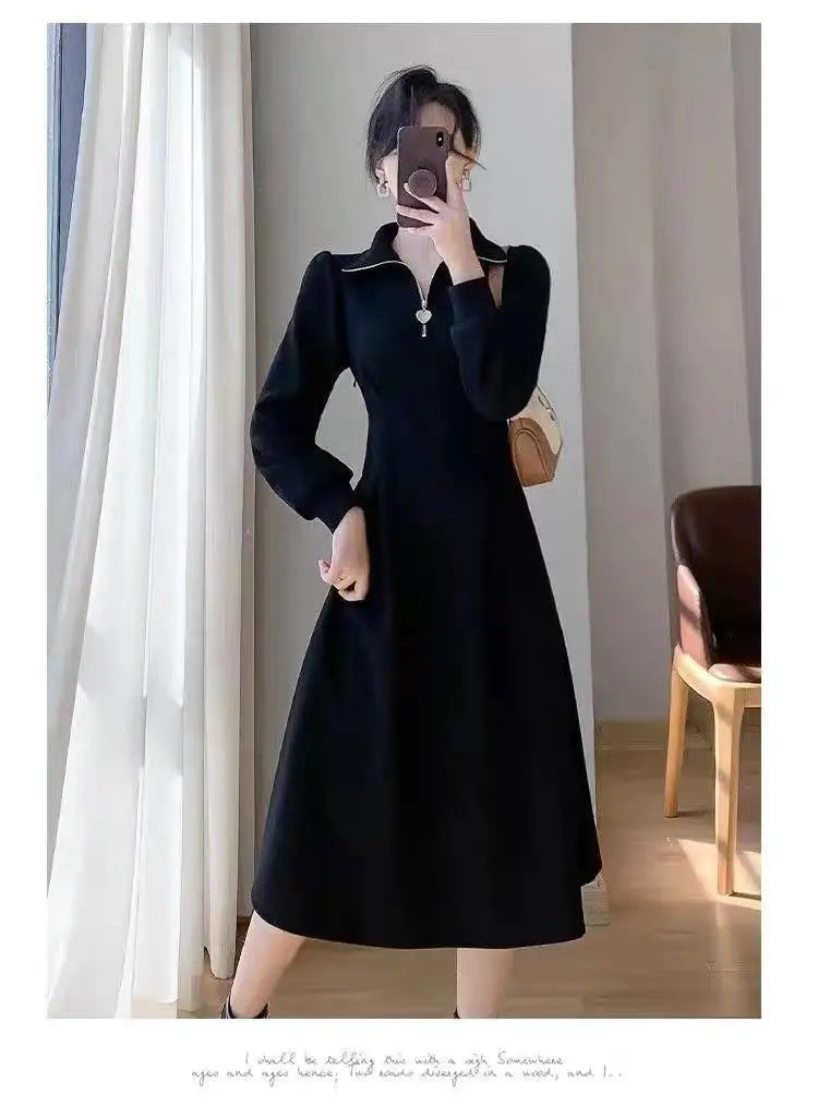 Autumn Winter French Ladies Black Elegant Long Dress White Velvet Thick Warm Long Sleeve Simple Evening Party Zipper Dress